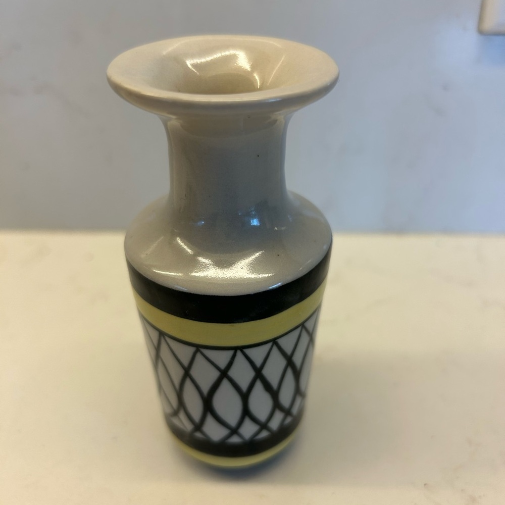 Vintage Hand painted Bud Vase Black and Cream with yellow accents
